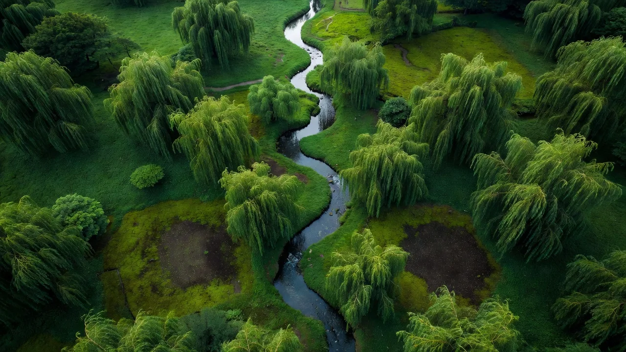 柳の庭園を流れる小川の空撮 — aerial view of the stream winding through the willow grove