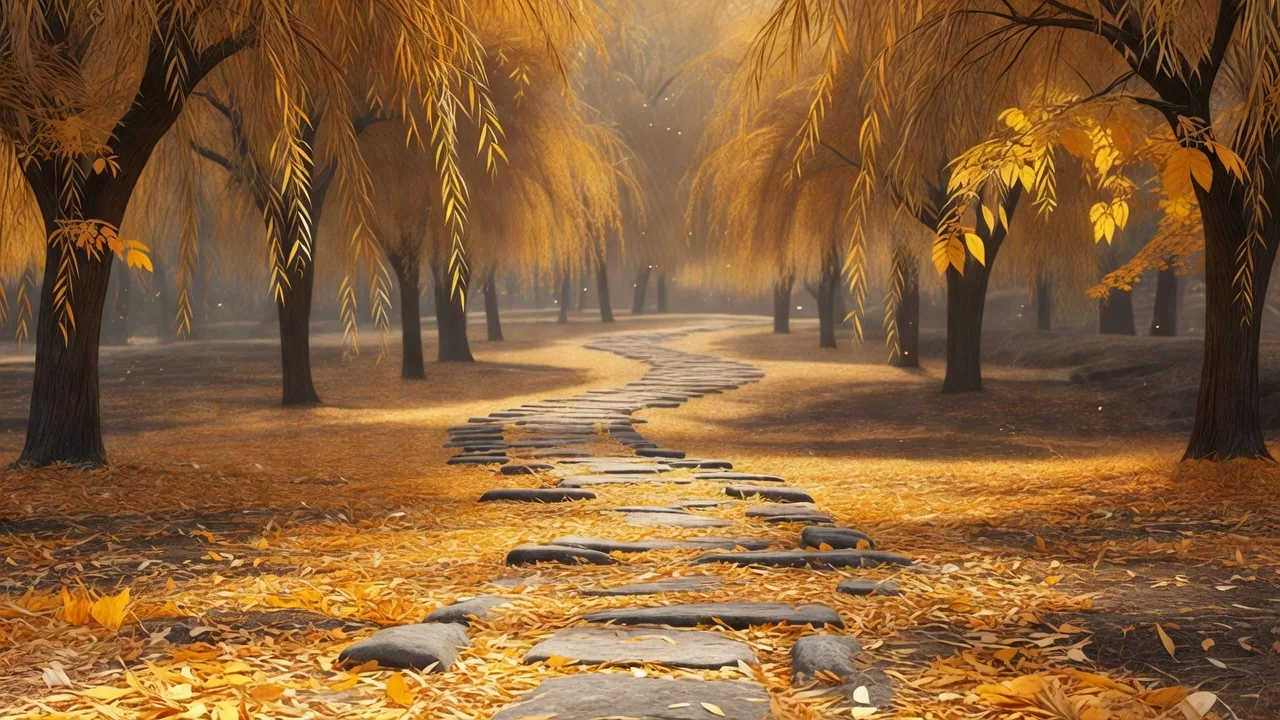 黄葉に彩られた庭園の小径 — autumn foliage path through the grove