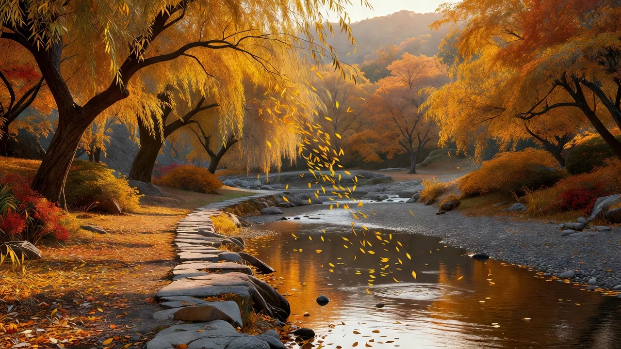流れに浮かぶ秋色の柳の葉 — autumn willow leaves floating on the stream