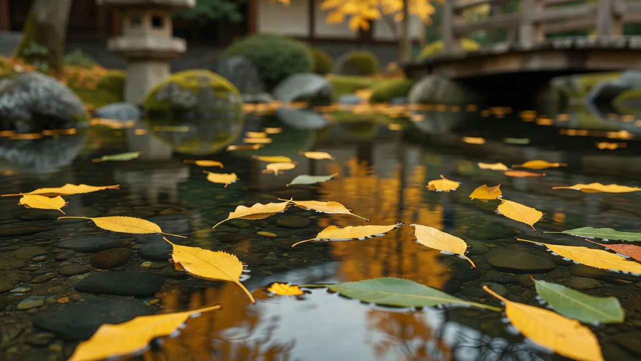 水面を漂う柳の落ち葉 — fallen willow leaves drifting on quiet water