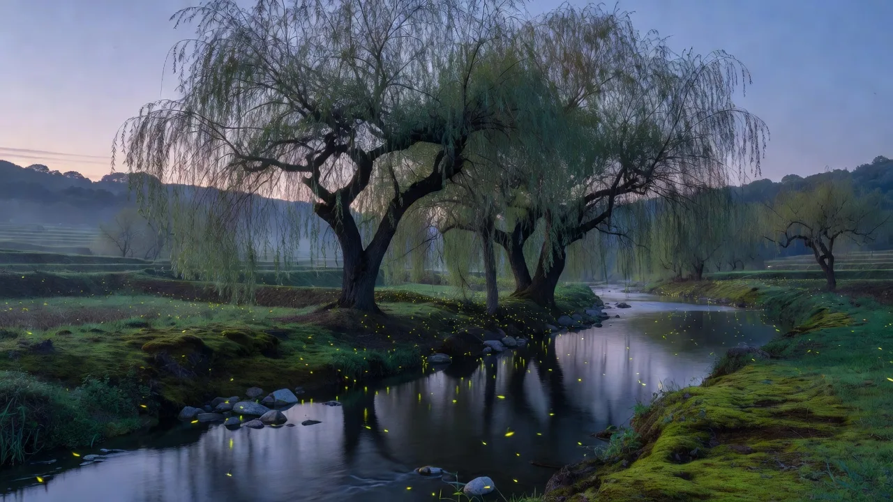 夜の柳林に舞う蛍の光 — fireflies glowing in the willow grove at night