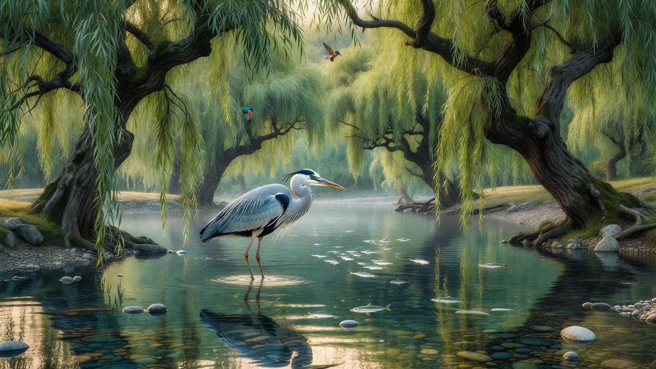 浅瀬に佇む鷺 — a heron standing in the shallow stream among willows