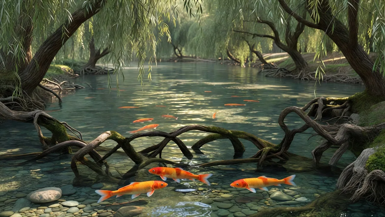 柳の根元を泳ぐ鯉 — koi swimming among willow roots in the stream