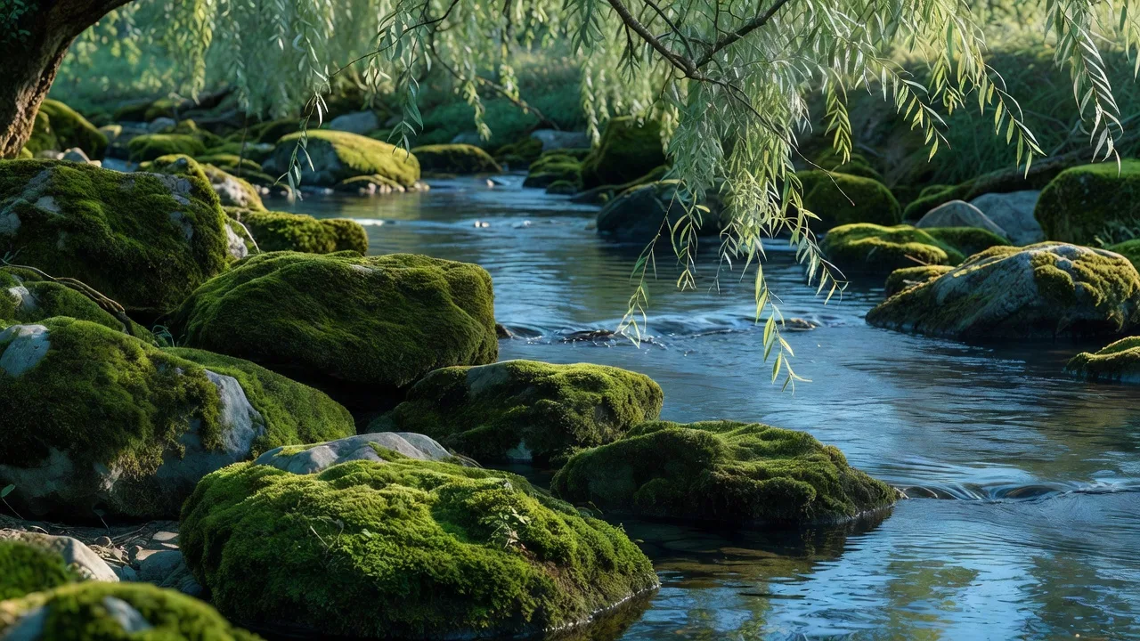 苔むした流れの岸辺の石 — moss-covered rocks along the stream bank