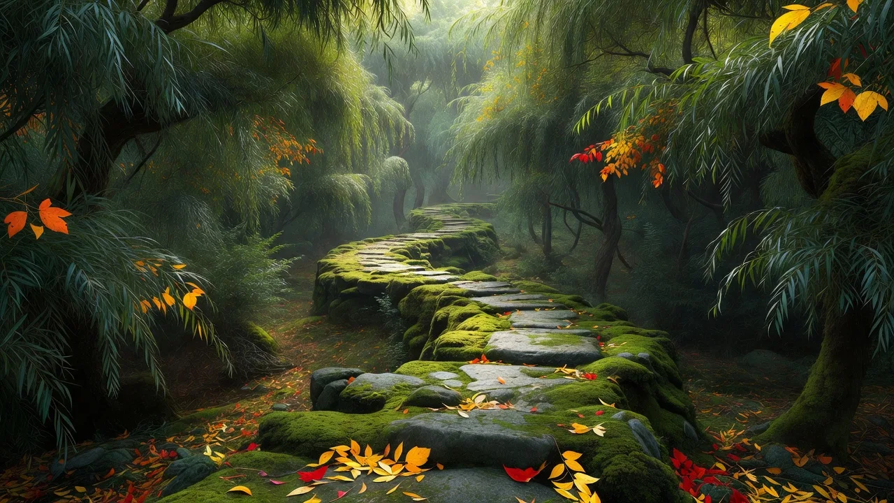 苔むした石畳の小径 — a moss-covered stone path beneath the willows