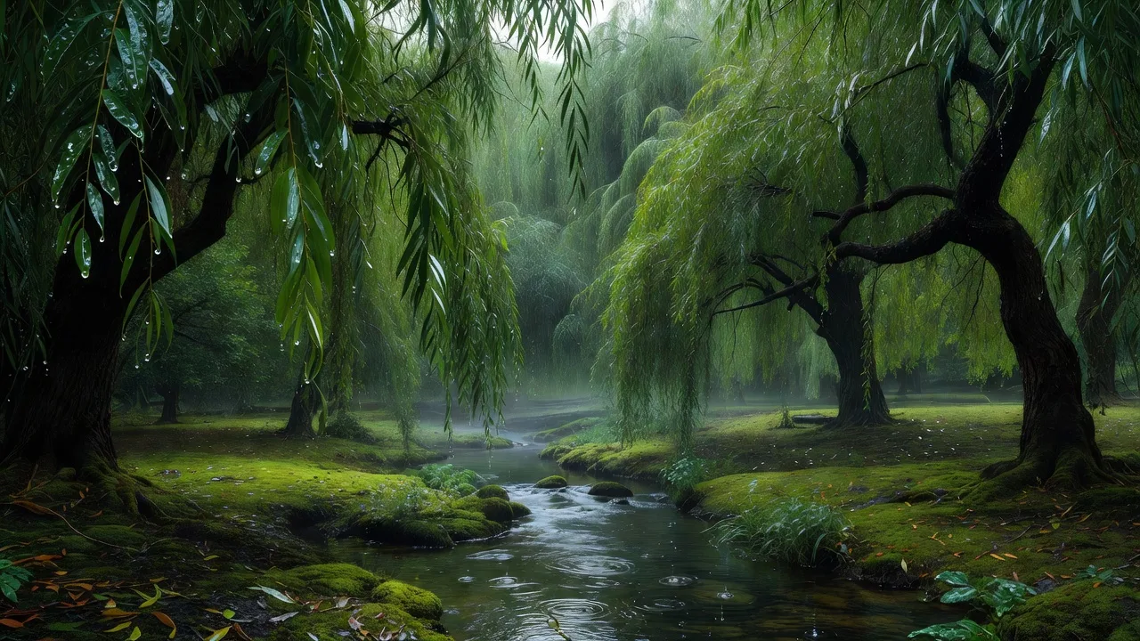 冬の始まりの雨に濡れる柳の林と小川 — early winter rain over the willow grove stream