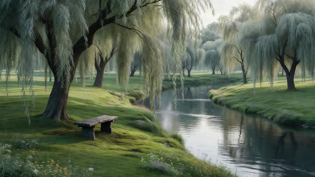 水辺の空き地にあるベンチ — a bench in a clearing beside the river