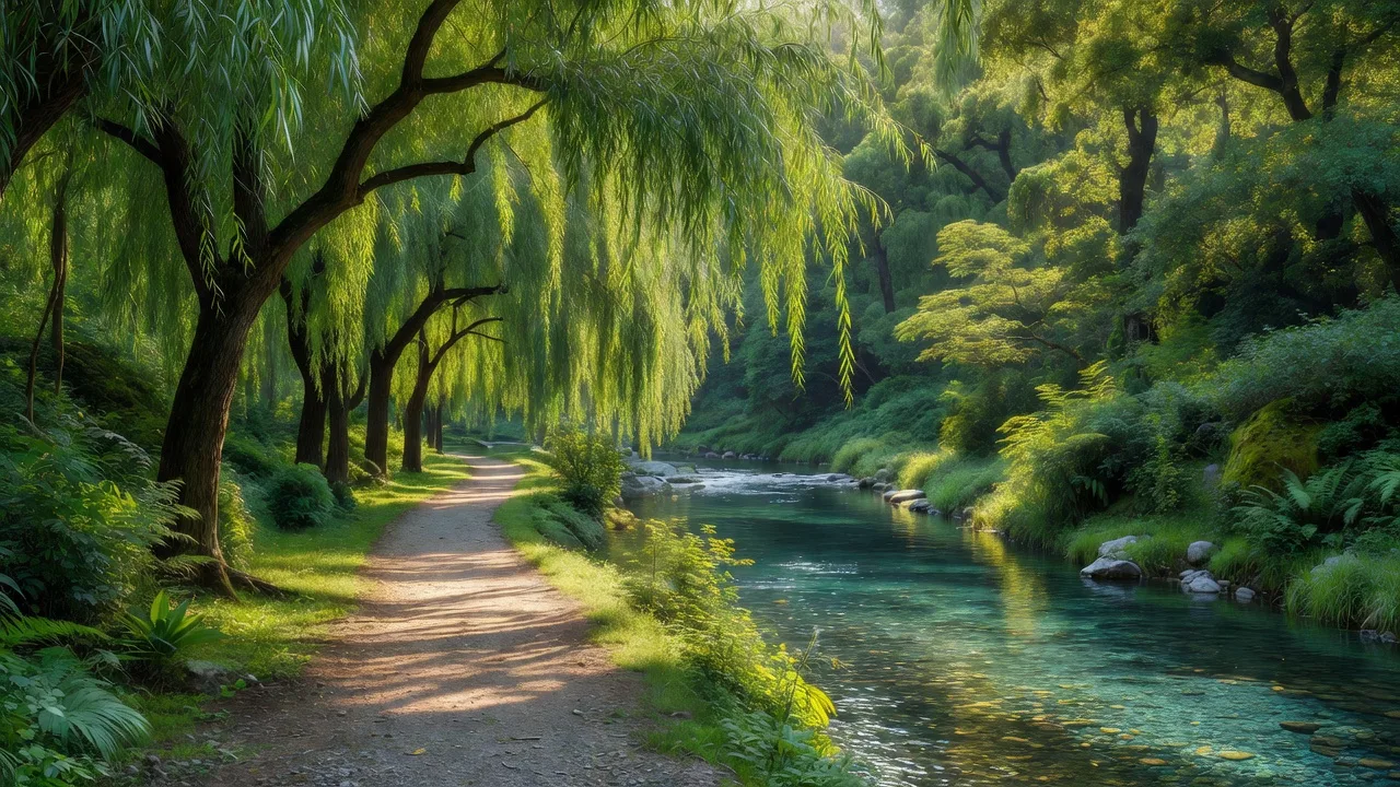 陽光が差し込む水辺の小径 — sunlight falling on the riverside path among willows