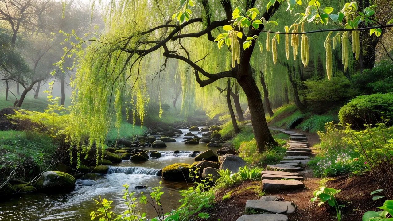 春に芽吹く柳の若葉と流れ — fresh spring willow leaves beside the stream