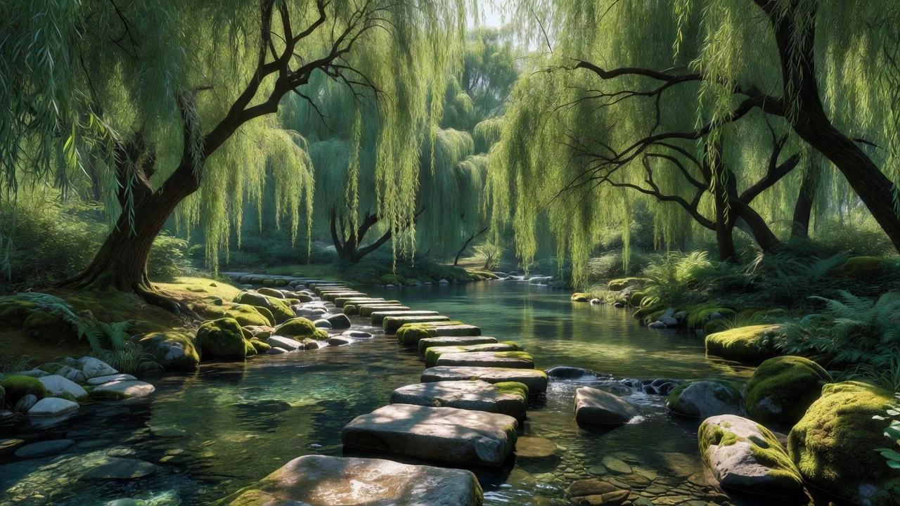 柳の川を渡る飛び石 — stepping stones crossing the river beneath the willows
