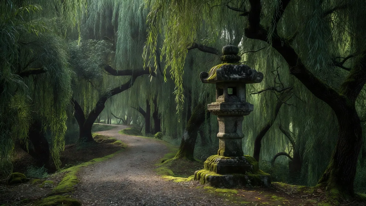 柳の林に佇む石灯籠 — stone lantern within the willow grove