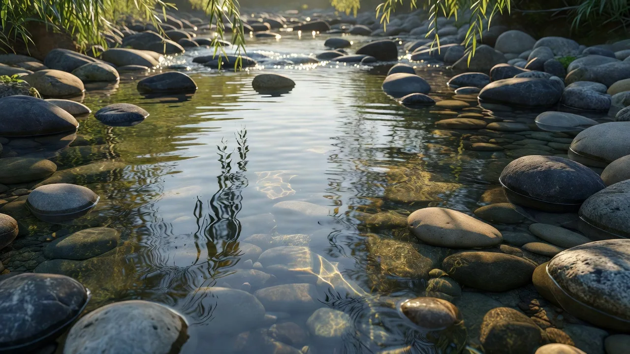 石の上を流れる水と反射 — water flowing over stones with soft reflections