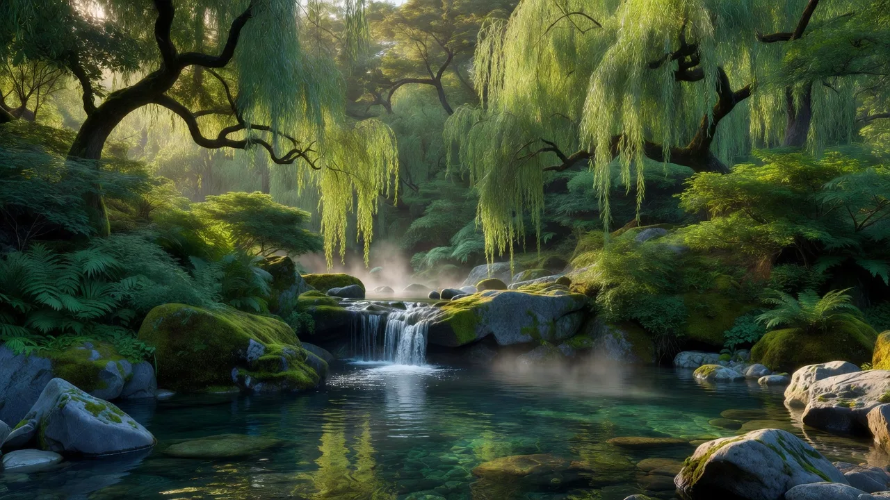 柳のほとりに流れ落ちる小さな滝 — a small waterfall beside the willow stream