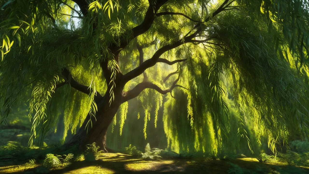 木漏れ日が差し込む柳の梢 — sunlight filtering through the willow canopy