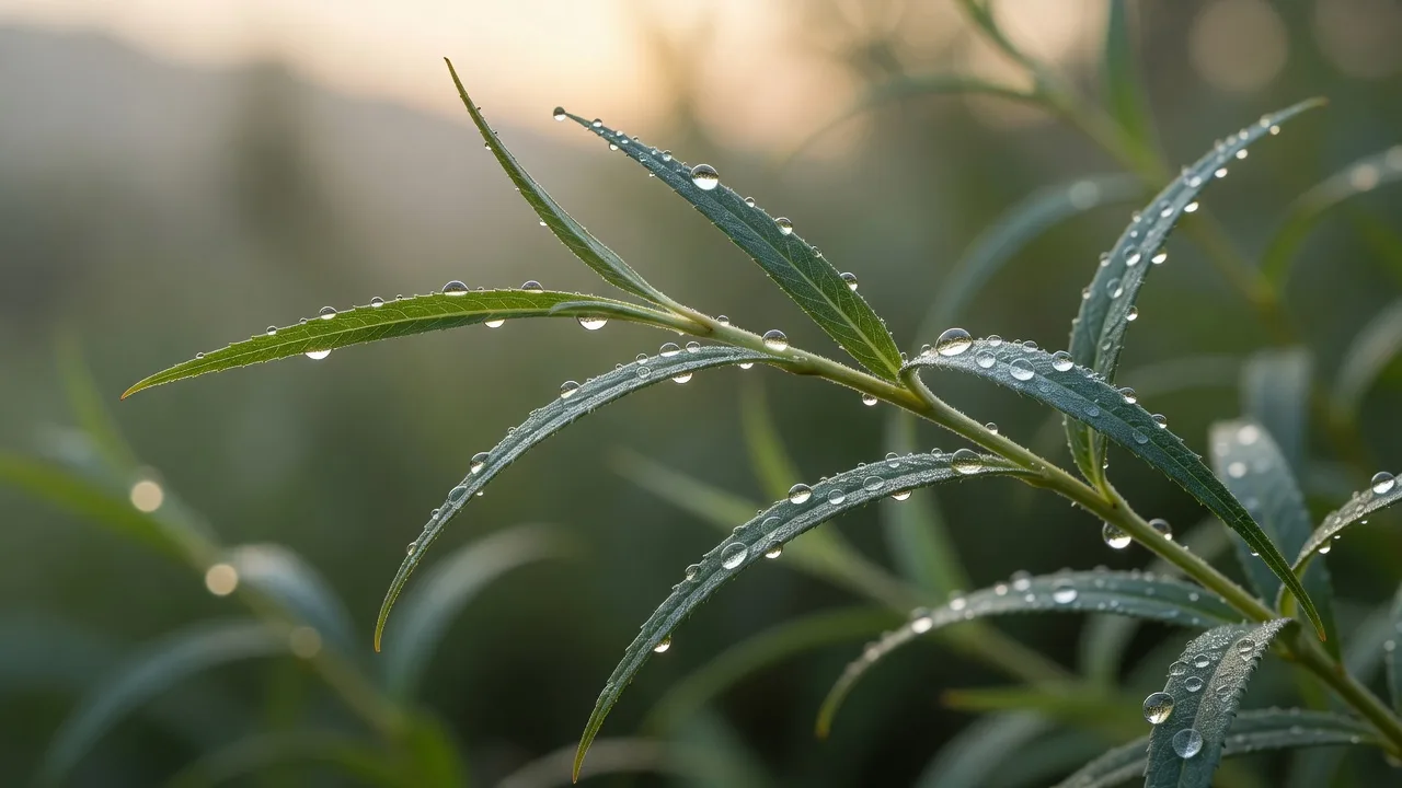 露に濡れた柳の葉の接写 — close detail of dew on willow leaves