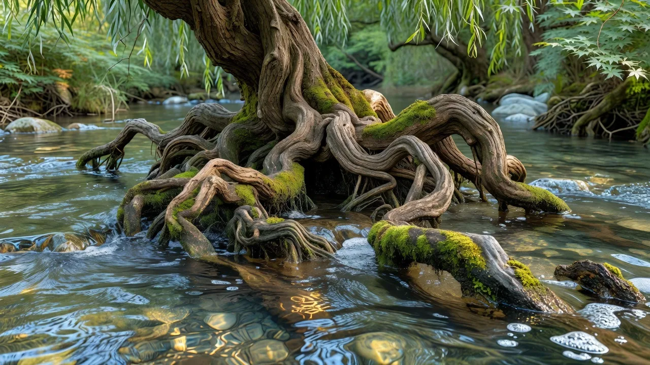 流れに沿う柳の根元の様子 — willow roots along the stream near the garden entrance