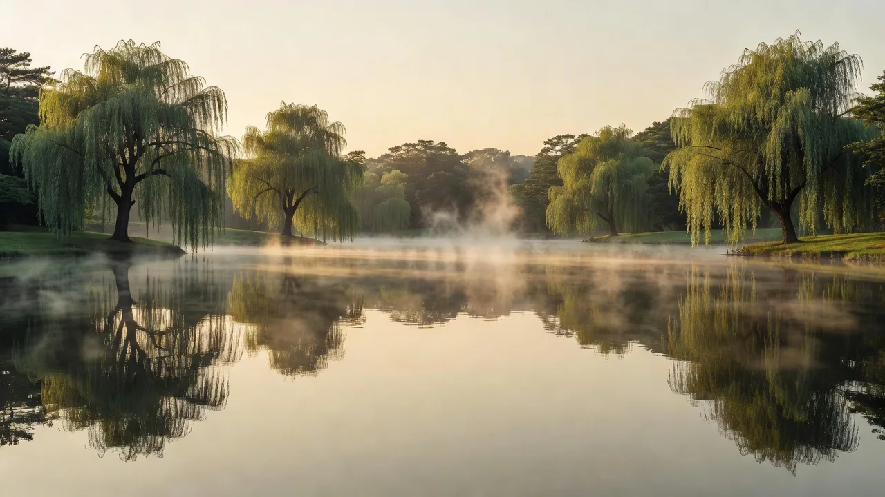 湖面に映る柳の木々 — willow trees reflected across the still lake