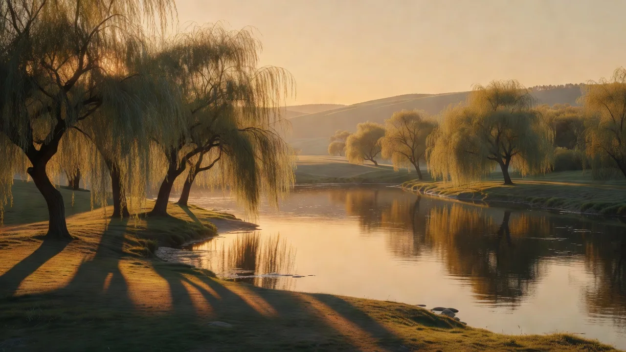 夕暮れに染まる柳の木々 — willow trees at sunset glow