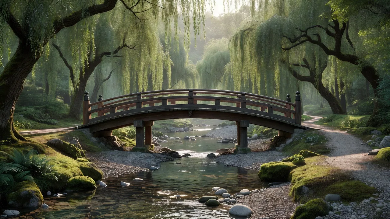 柳の流れに架かる木橋 — a wooden bridge over the willow-lined stream
