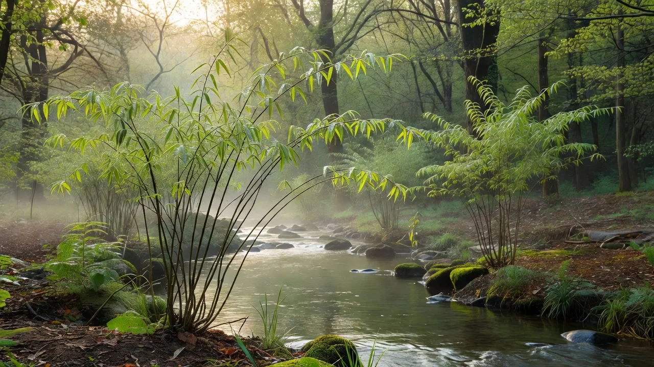 流れのほとりに植えられた若い柳の苗木 — young willow saplings beside the stream